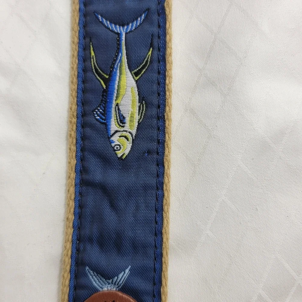 Leather Man Ltd Mens Navy Blue Canvas Leather Web Belt Fish Tuna Marlin Size 28
